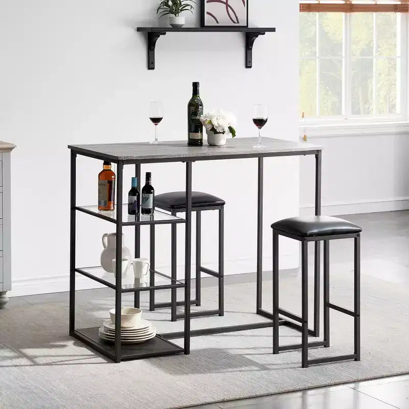 VECELO Ensemble Table et Chaises de Bar de Cuisine pour 2 Personnes, 3 Pièces, Hauteur Comptoir, avec Chaises en Cuir PU et Étagères de Rangement, Marbre Noir/Chêne/Marron