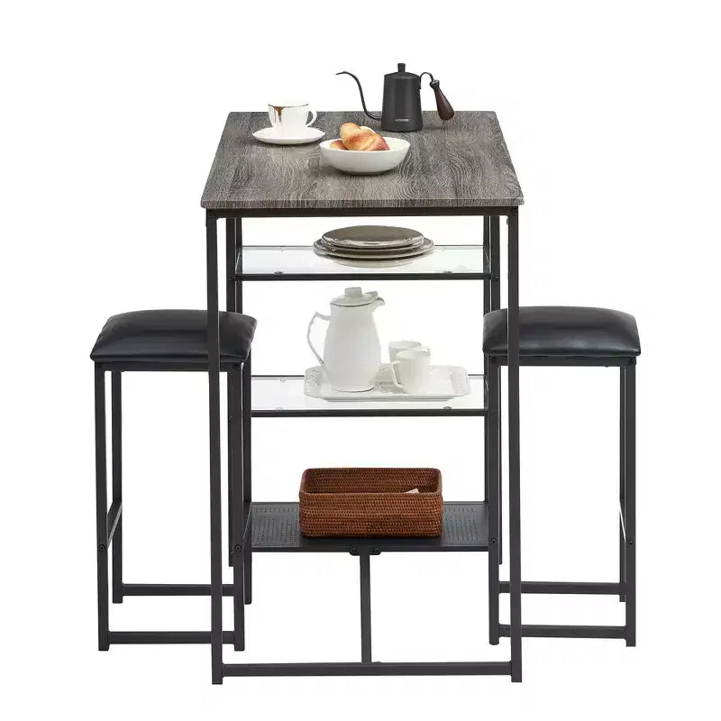 VECELO Ensemble Table et Chaises de Bar de Cuisine pour 2 Personnes, 3 Pièces, Hauteur Comptoir, avec Chaises en Cuir PU et Étagères de Rangement, Marbre Noir/Chêne/Marron