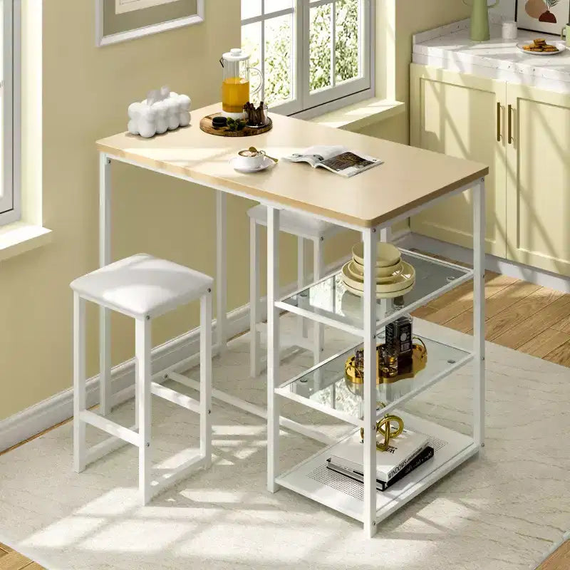 VECELO Ensemble Table et Chaises de Bar de Cuisine pour 2 Personnes, 3 Pièces, Hauteur Comptoir, avec Chaises en Cuir PU et Étagères de Rangement, Marbre Noir/Chêne/Marron