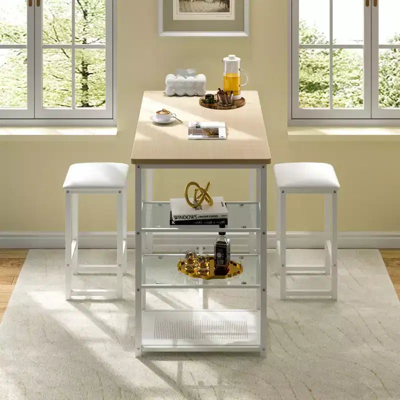 VECELO Ensemble Table et Chaises de Bar de Cuisine pour 2 Personnes, 3 Pièces, Hauteur Comptoir, avec Chaises en Cuir PU et Étagères de Rangement, Marbre Noir/Chêne/Marron