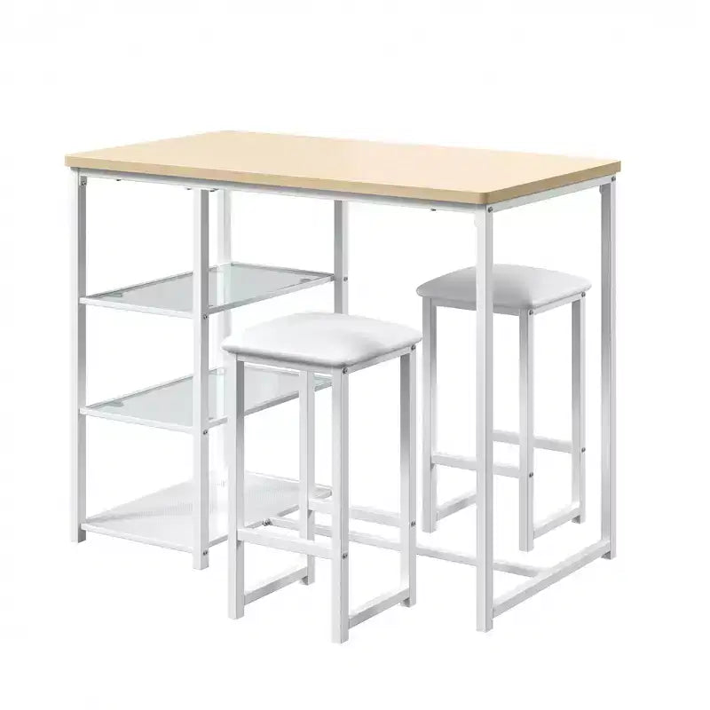 VECELO Ensemble Table et Chaises de Bar de Cuisine pour 2 Personnes, 3 Pièces, Hauteur Comptoir, avec Chaises en Cuir PU et Étagères de Rangement, Marbre Noir/Chêne/Marron