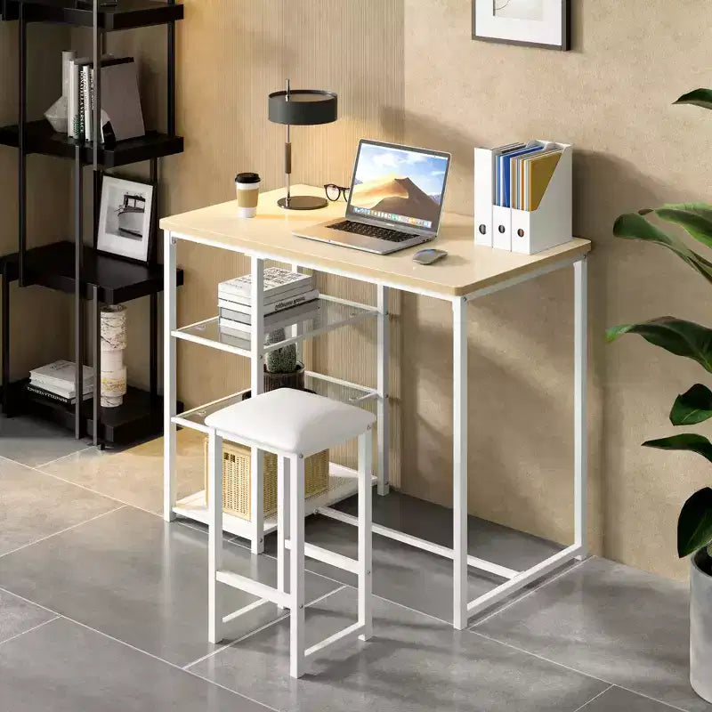 VECELO Ensemble Table et Chaises de Bar de Cuisine pour 2 Personnes, 3 Pièces, Hauteur Comptoir, avec Chaises en Cuir PU et Étagères de Rangement, Marbre Noir/Chêne/Marron