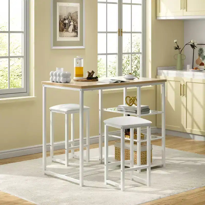 VECELO Ensemble Table et Chaises de Bar de Cuisine pour 2 Personnes, 3 Pièces, Hauteur Comptoir, avec Chaises en Cuir PU et Étagères de Rangement, Marbre Noir/Chêne/Marron