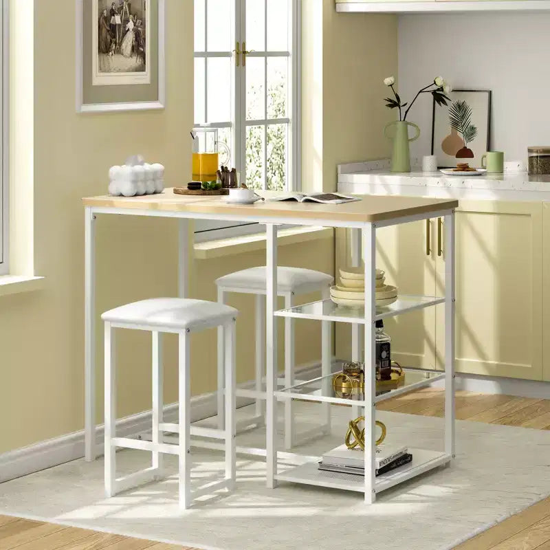 VECELO Ensemble Table et Chaises de Bar de Cuisine pour 2 Personnes, 3 Pièces, Hauteur Comptoir, avec Chaises en Cuir PU et Étagères de Rangement, Marbre Noir/Chêne/Marron