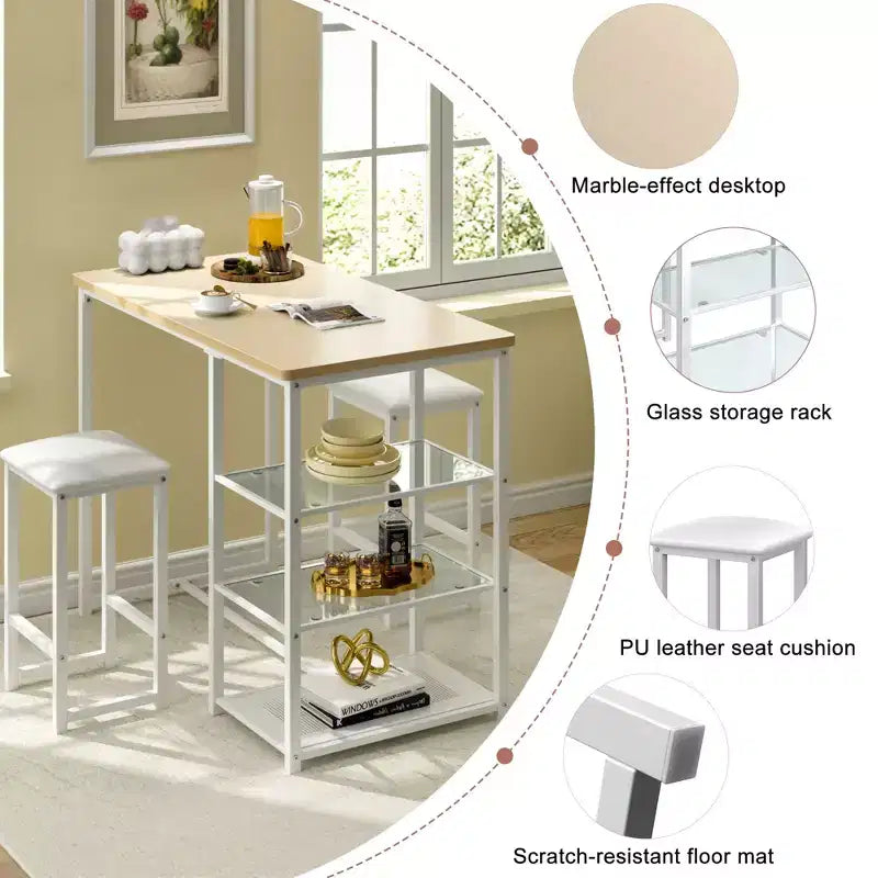 VECELO Ensemble Table et Chaises de Bar de Cuisine pour 2 Personnes, 3 Pièces, Hauteur Comptoir, avec Chaises en Cuir PU et Étagères de Rangement, Marbre Noir/Chêne/Marron
