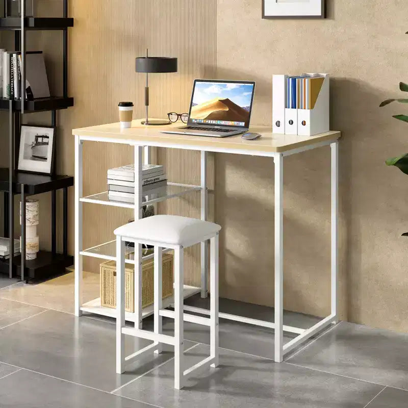 VECELO Ensemble Table et Chaises de Bar de Cuisine pour 2 Personnes, 3 Pièces, Hauteur Comptoir, avec Chaises en Cuir PU et Étagères de Rangement, Marbre Noir/Chêne/Marron