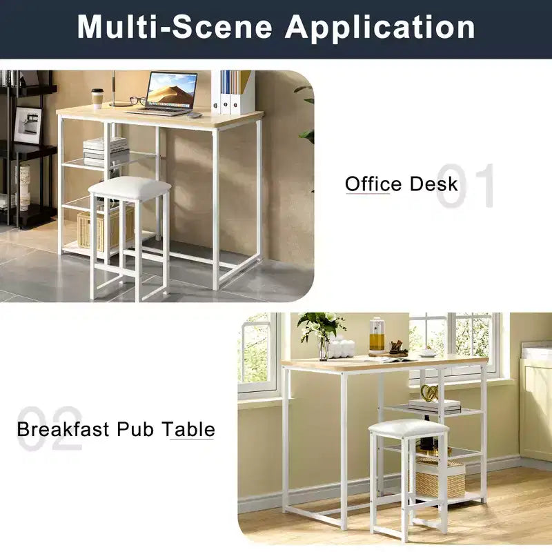 VECELO Ensemble Table et Chaises de Bar de Cuisine pour 2 Personnes, 3 Pièces, Hauteur Comptoir, avec Chaises en Cuir PU et Étagères de Rangement, Marbre Noir/Chêne/Marron