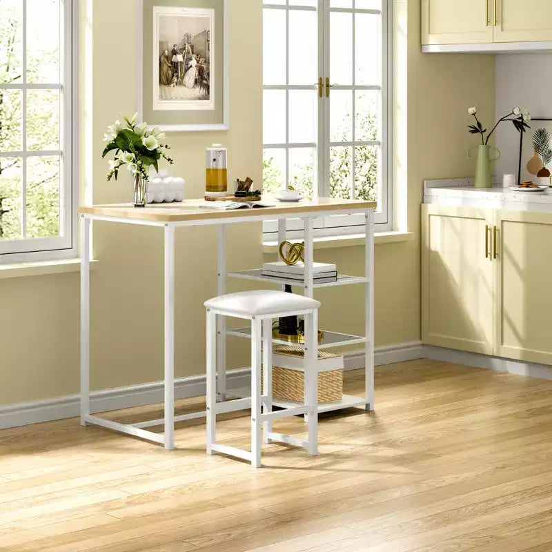 VECELO Ensemble Table et Chaises de Bar de Cuisine pour 2 Personnes, 3 Pièces, Hauteur Comptoir, avec Chaises en Cuir PU et Étagères de Rangement, Marbre Noir/Chêne/Marron