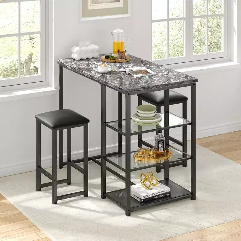 VECELO Ensemble Table et Chaises de Bar de Cuisine pour 2 Personnes, 3 Pièces, Hauteur Comptoir, avec Chaises en Cuir PU et Étagères de Rangement, Marbre Noir/Chêne/Marron