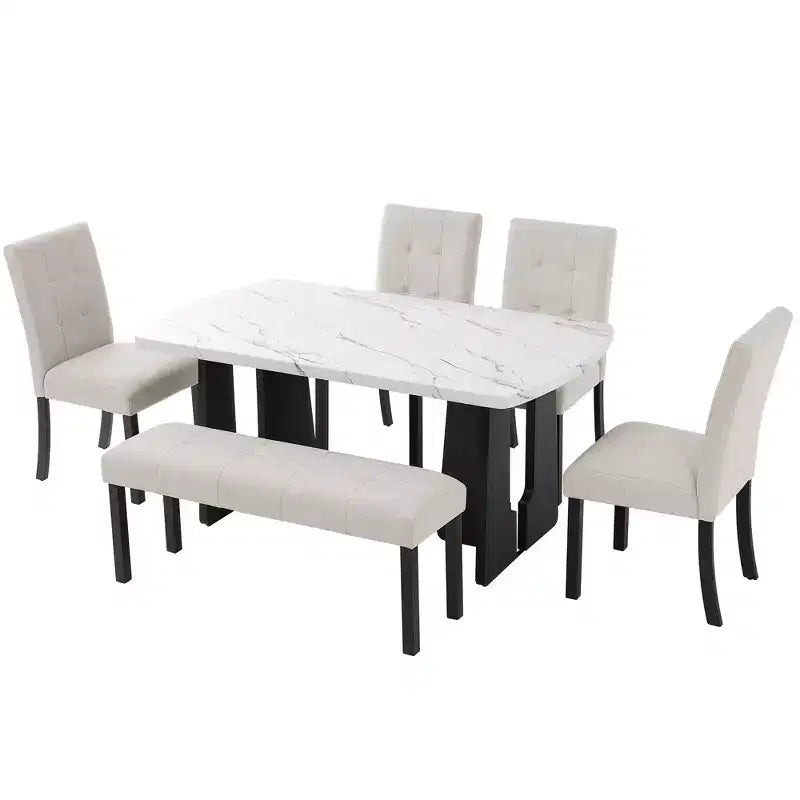 Ensemble de salle à manger 6 pièces, table effet marbre, pieds géométriques, 4 chaises capitonnées et un banc - ModernLuxe