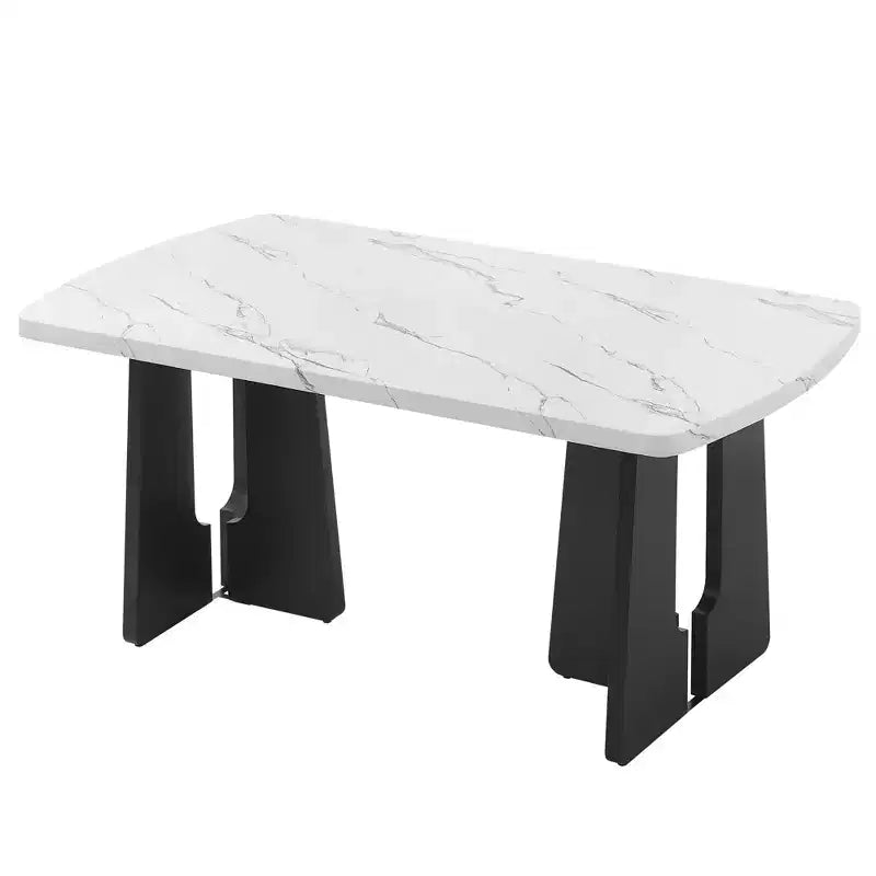 Ensemble de salle à manger 6 pièces, table effet marbre, pieds géométriques, 4 chaises capitonnées et un banc - ModernLuxe