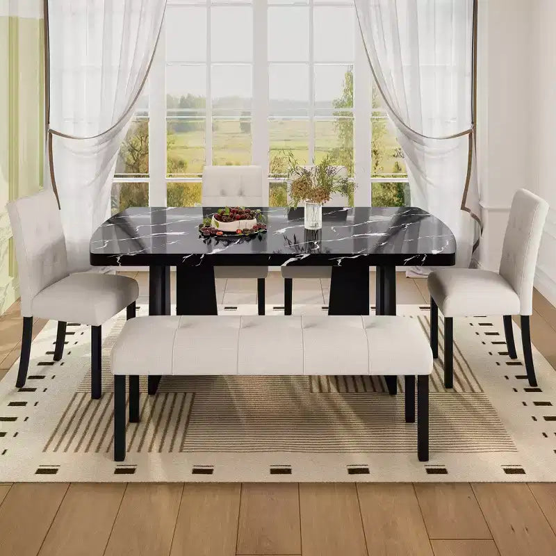 Ensemble de salle à manger 6 pièces, table effet marbre, pieds géométriques, 4 chaises capitonnées et un banc - ModernLuxe
