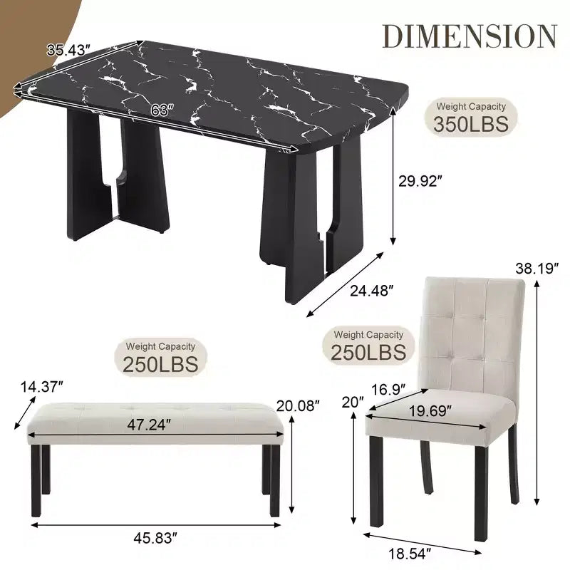 Ensemble de salle à manger 6 pièces, table effet marbre, pieds géométriques, 4 chaises capitonnées et un banc - ModernLuxe