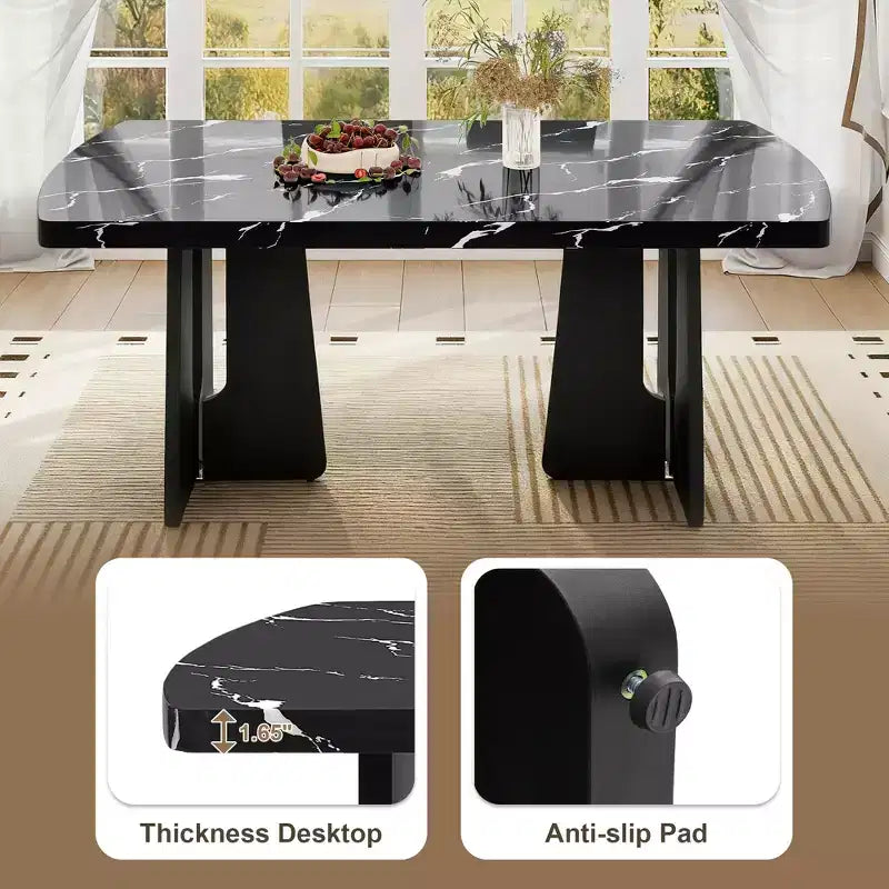 Ensemble de salle à manger 6 pièces, table effet marbre, pieds géométriques, 4 chaises capitonnées et un banc - ModernLuxe