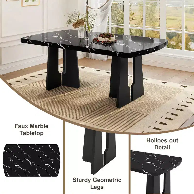 Ensemble de salle à manger 6 pièces, table effet marbre, pieds géométriques, 4 chaises capitonnées et un banc - ModernLuxe
