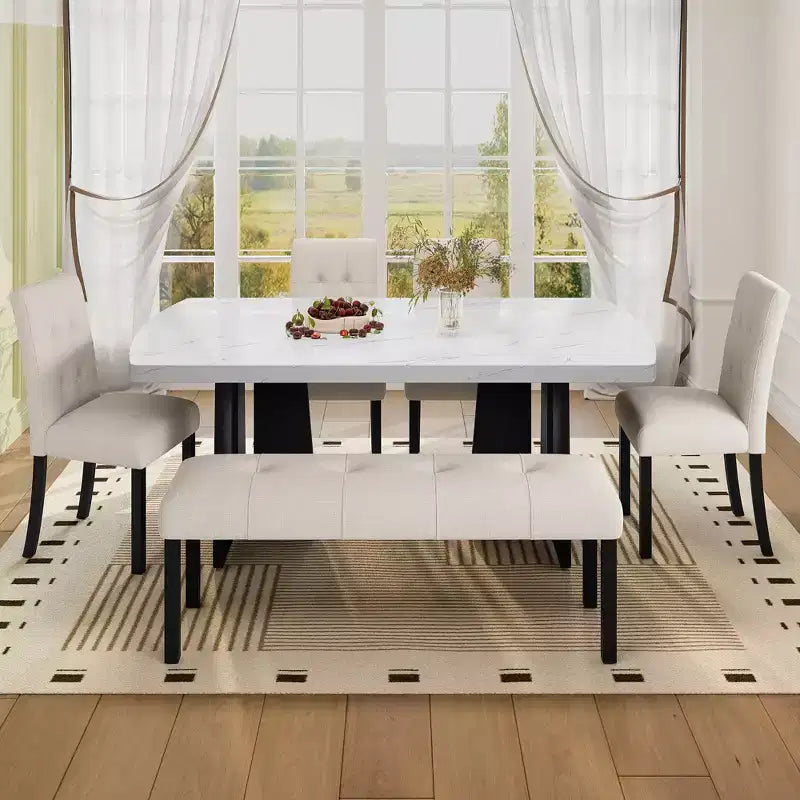 Ensemble de salle à manger 6 pièces, table effet marbre, pieds géométriques, 4 chaises capitonnées et un banc - ModernLuxe