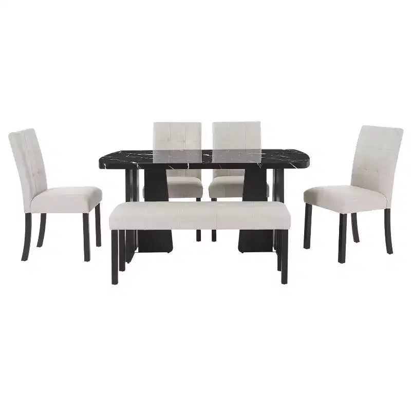 Ensemble de salle à manger 6 pièces, table effet marbre, pieds géométriques, 4 chaises capitonnées et un banc - ModernLuxe