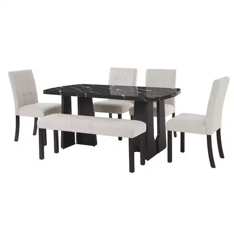 Ensemble de salle à manger 6 pièces, table effet marbre, pieds géométriques, 4 chaises capitonnées et un banc - ModernLuxe