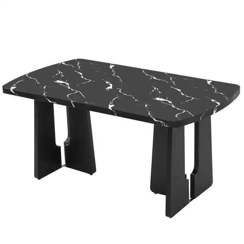 Ensemble de salle à manger 6 pièces, table effet marbre, pieds géométriques, 4 chaises capitonnées et un banc - ModernLuxe