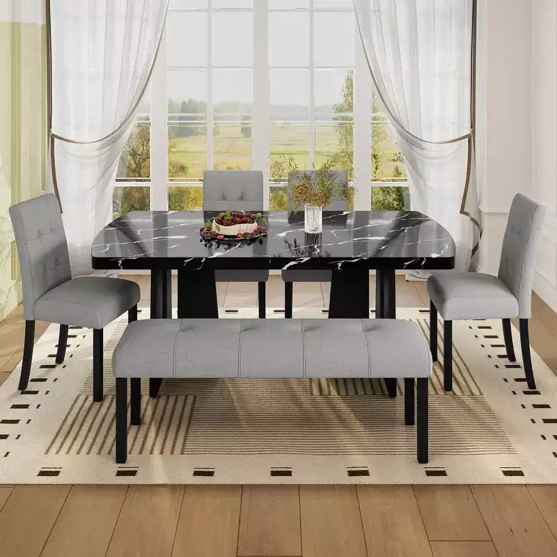 Ensemble de salle à manger 6 pièces, table effet marbre, pieds géométriques, 4 chaises capitonnées et un banc - ModernLuxe