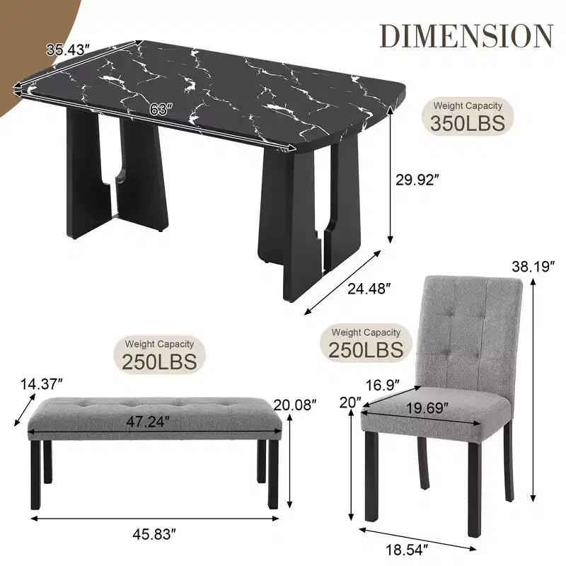 Ensemble de salle à manger 6 pièces, table effet marbre, pieds géométriques, 4 chaises capitonnées et un banc - ModernLuxe