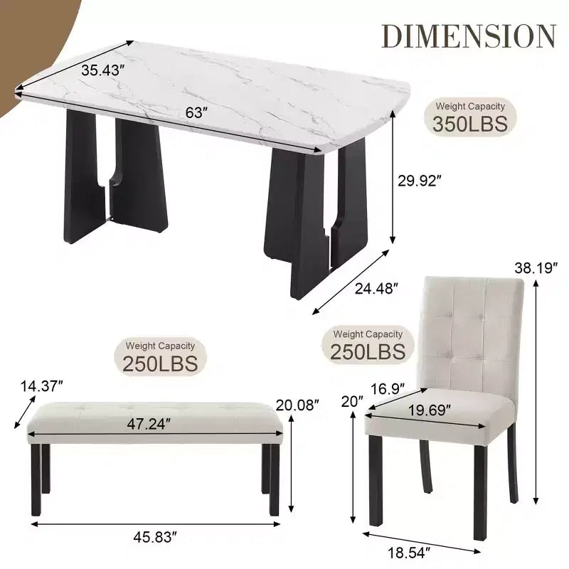 Ensemble de salle à manger 6 pièces, table effet marbre, pieds géométriques, 4 chaises capitonnées et un banc - ModernLuxe
