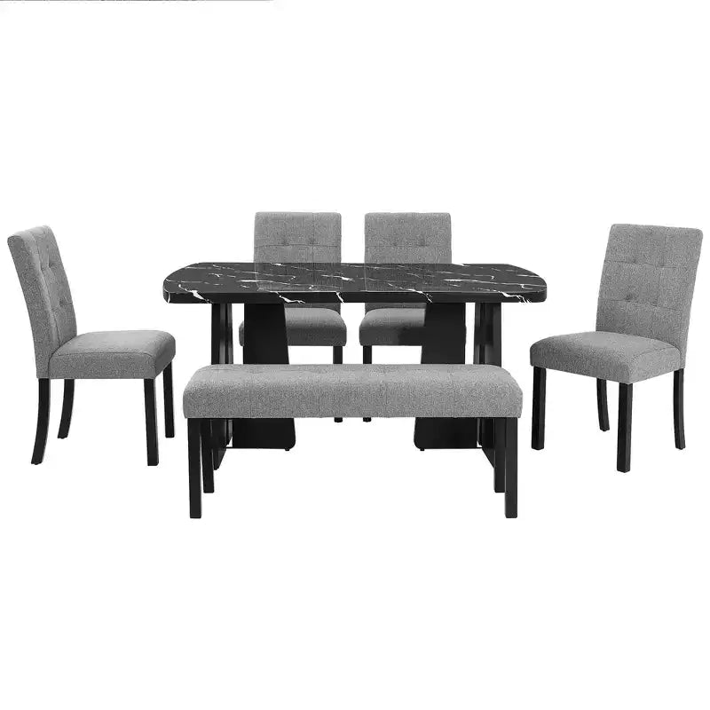 Ensemble de salle à manger 6 pièces, table effet marbre, pieds géométriques, 4 chaises capitonnées et un banc - ModernLuxe