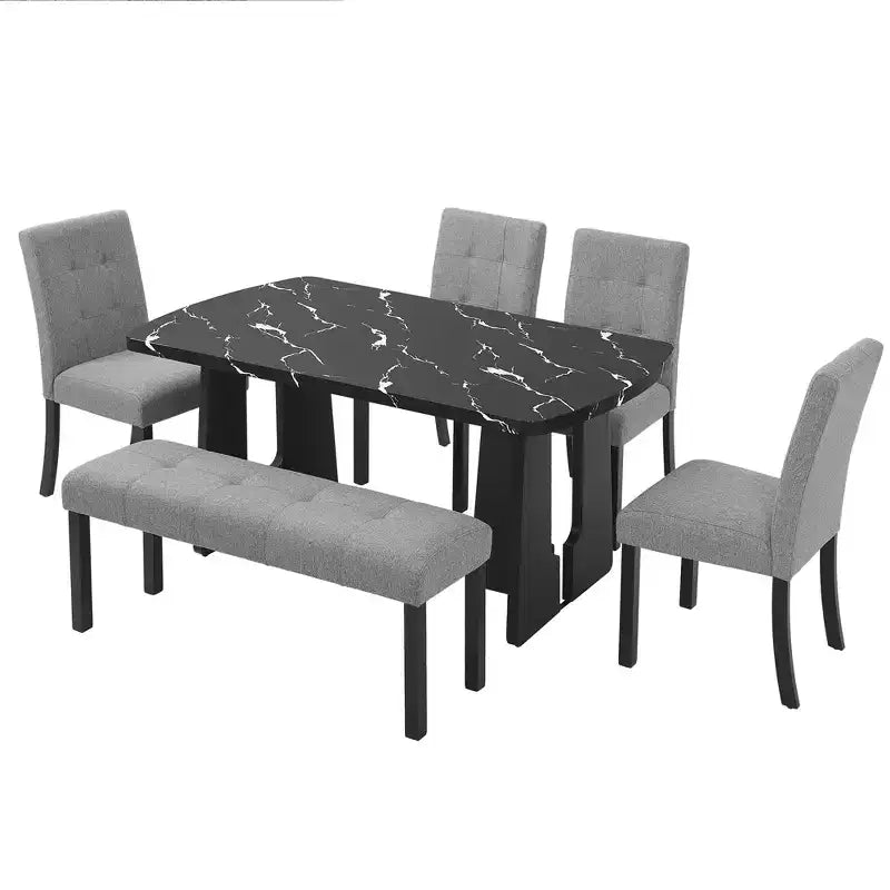 Ensemble de salle à manger 6 pièces, table effet marbre, pieds géométriques, 4 chaises capitonnées et un banc - ModernLuxe
