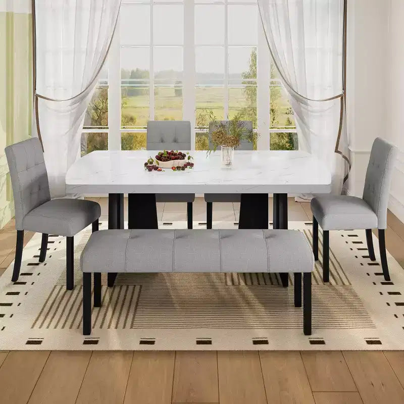 Ensemble de salle à manger 6 pièces, table effet marbre, pieds géométriques, 4 chaises capitonnées et un banc - ModernLuxe