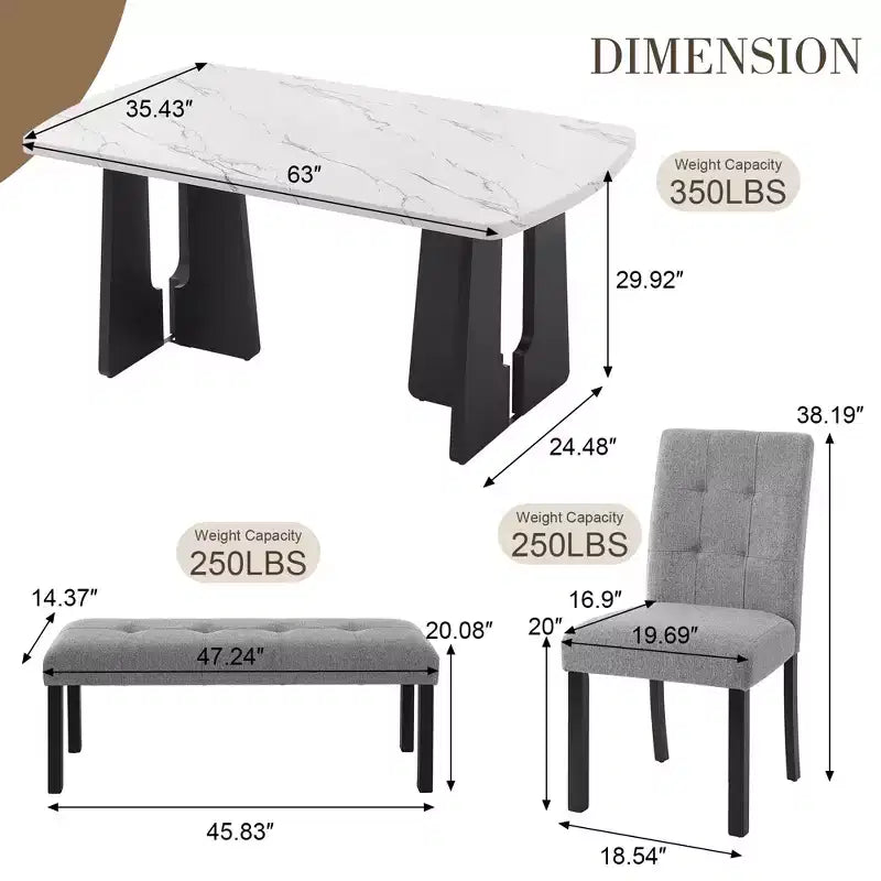 Ensemble de salle à manger 6 pièces, table effet marbre, pieds géométriques, 4 chaises capitonnées et un banc - ModernLuxe