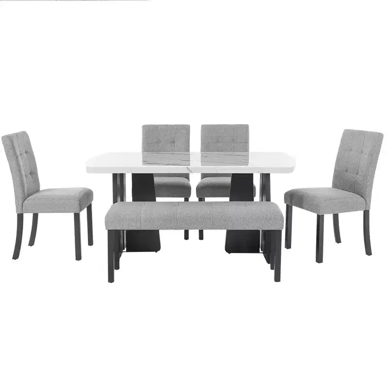 Ensemble de salle à manger 6 pièces, table effet marbre, pieds géométriques, 4 chaises capitonnées et un banc - ModernLuxe