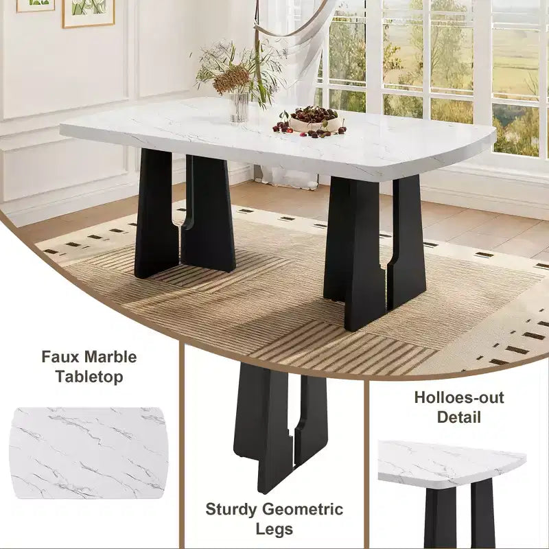 Ensemble de salle à manger 6 pièces, table effet marbre, pieds géométriques, 4 chaises capitonnées et un banc - ModernLuxe