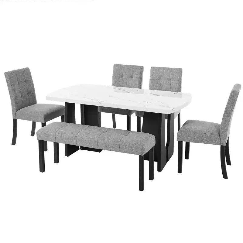 Ensemble de salle à manger 6 pièces, table effet marbre, pieds géométriques, 4 chaises capitonnées et un banc - ModernLuxe