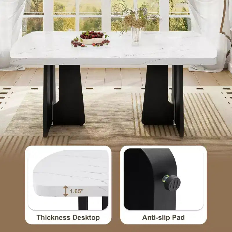 Ensemble de salle à manger 6 pièces, table effet marbre, pieds géométriques, 4 chaises capitonnées et un banc - ModernLuxe