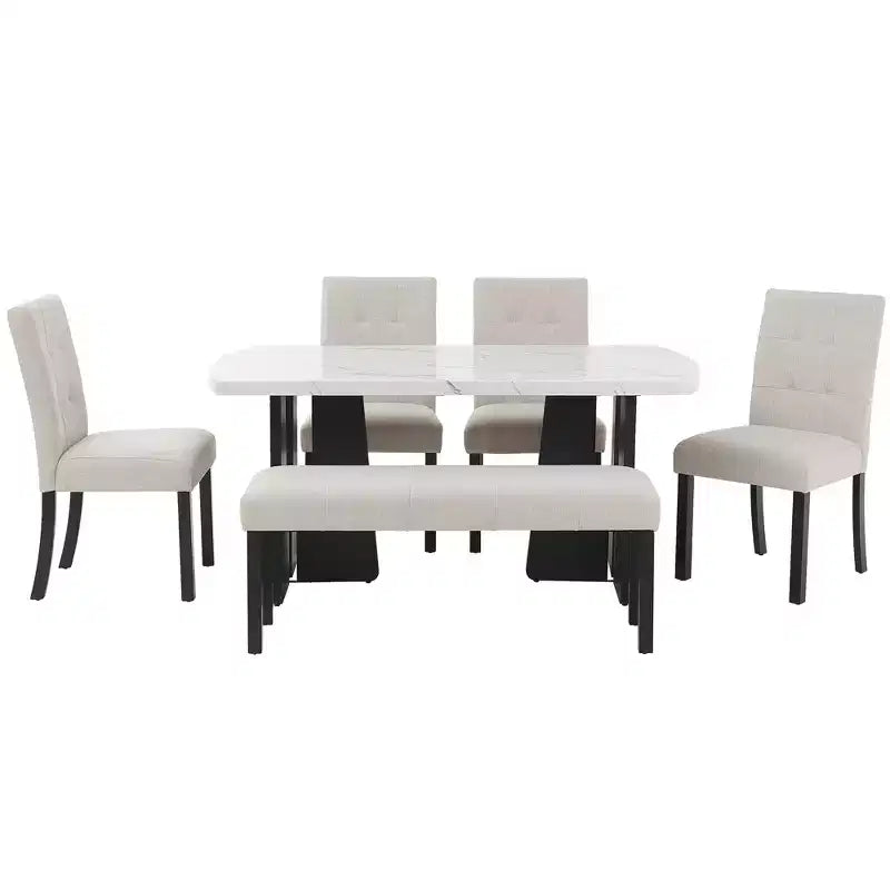 Ensemble de salle à manger 6 pièces, table effet marbre, pieds géométriques, 4 chaises capitonnées et un banc - ModernLuxe