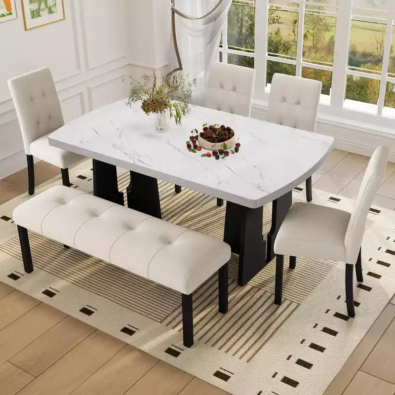 6-Piece Faux Marble Dining Table Set, Geometric Legs, 4 Tufted Upholstered Chairs & Bench - ModernLuxe