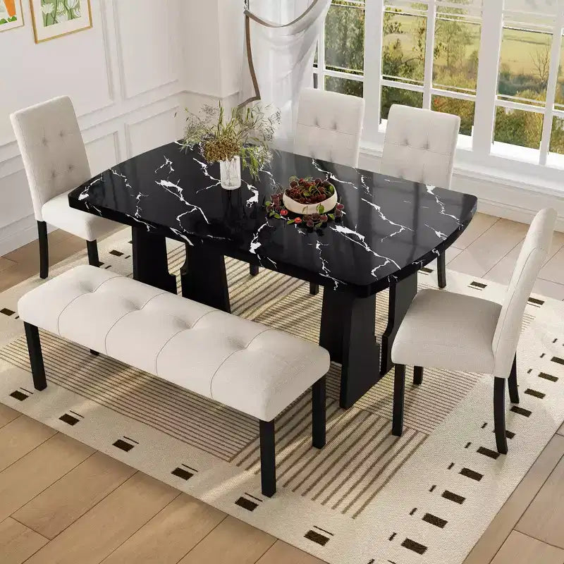 Ensemble de salle à manger 6 pièces, table effet marbre, pieds géométriques, 4 chaises capitonnées et un banc - ModernLuxe
