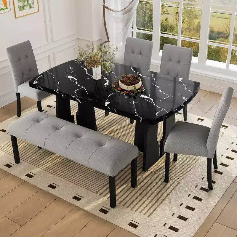 Ensemble de salle à manger 6 pièces, table effet marbre, pieds géométriques, 4 chaises capitonnées et un banc - ModernLuxe