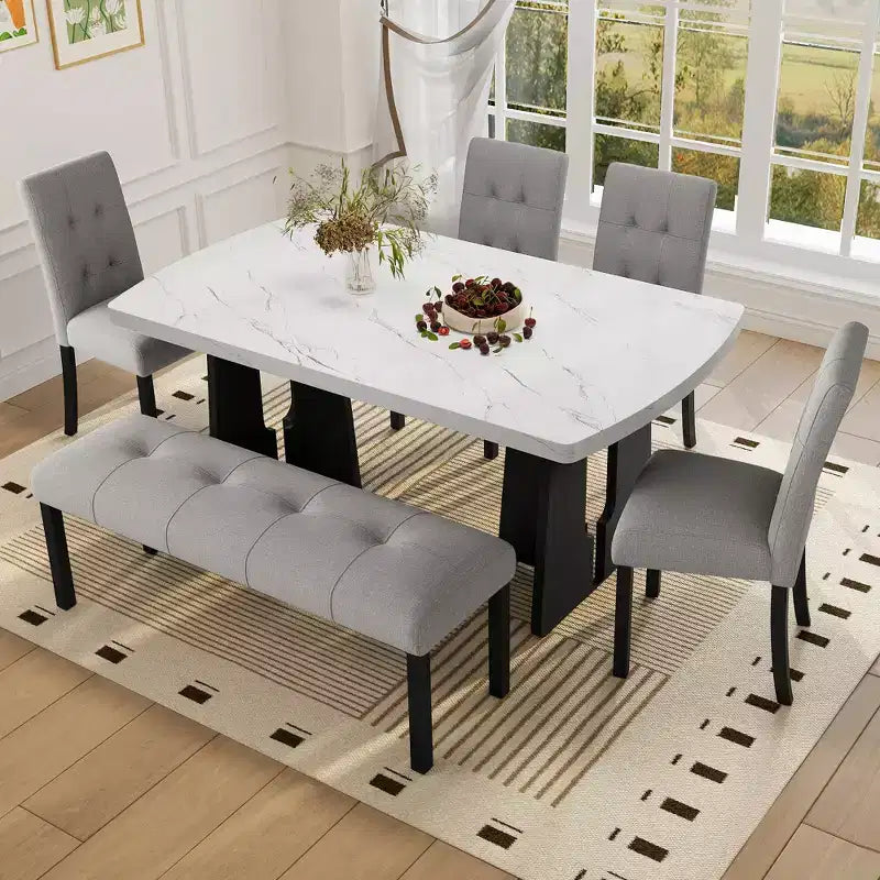 Ensemble de salle à manger 6 pièces, table effet marbre, pieds géométriques, 4 chaises capitonnées et un banc - ModernLuxe