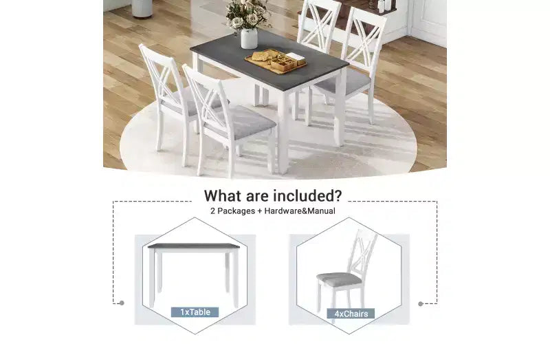 Ensemble de salle à manger de ferme 5 pièces 4 chaises rembourrées à dossier en X + table en bois massif de 113 cm, capacité de 113 kg, pour cuisine ou salle à manger