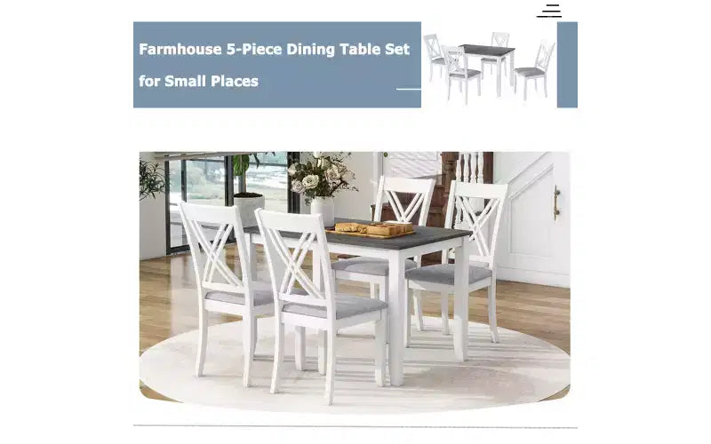 Ensemble de salle à manger de ferme 5 pièces 4 chaises rembourrées à dossier en X + table en bois massif de 113 cm, capacité de 113 kg, pour cuisine ou salle à manger