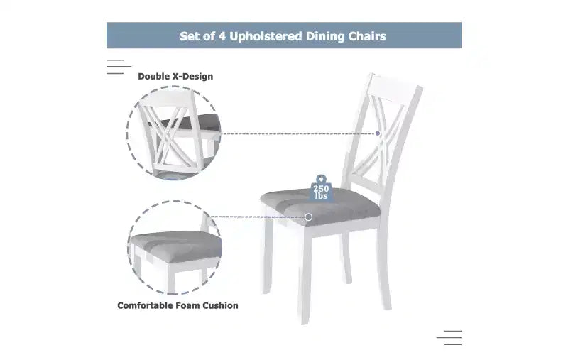 Ensemble de salle à manger de ferme 5 pièces 4 chaises rembourrées à dossier en X + table en bois massif de 113 cm, capacité de 113 kg, pour cuisine ou salle à manger