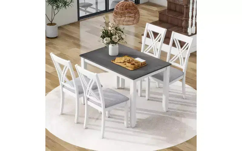 Ensemble de salle à manger de ferme 5 pièces 4 chaises rembourrées à dossier en X + table en bois massif de 113 cm, capacité de 113 kg, pour cuisine ou salle à manger
