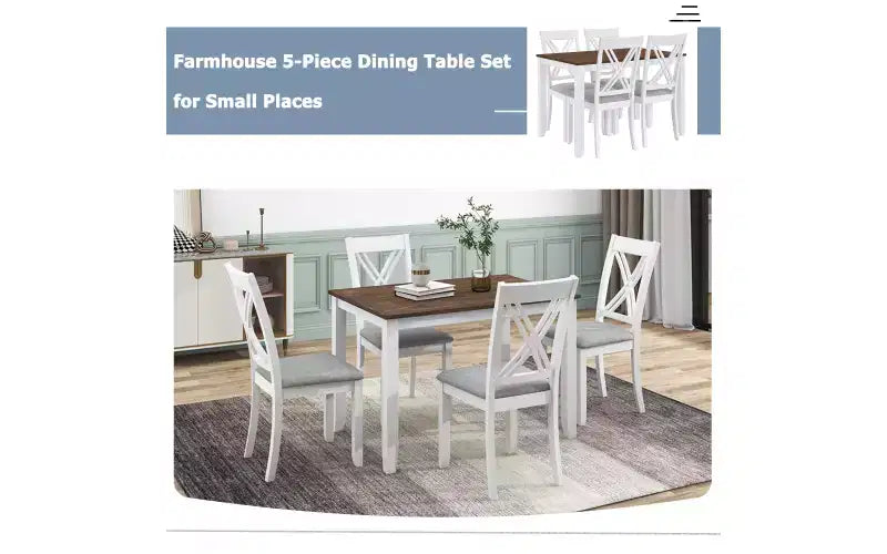 5-Piece Farmhouse Dining Set  4 X-Back Upholstered Chairs + 44.5in Solid Wood Table, 250 lbs Capacity, for Kitchen or Dining Room