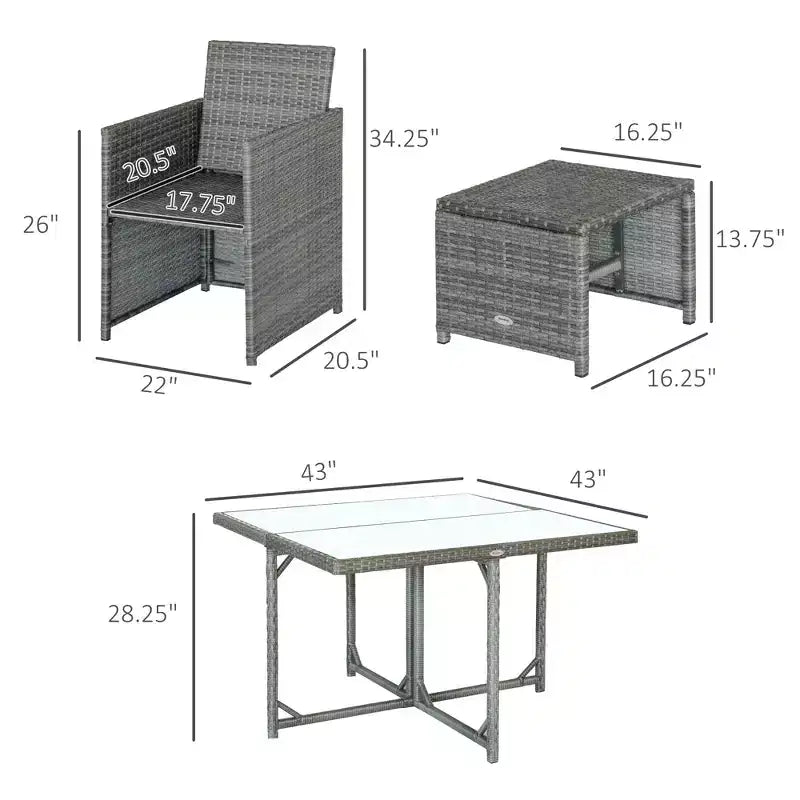 Ensemble de salle à manger extérieur 9 pièces pour 8 personnes, chaises en osier peu encombrantes et table carrée en verre avec coussins et poufs