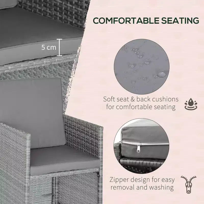 Ensemble de salle à manger extérieur 9 pièces pour 8 personnes, chaises en osier peu encombrantes et table carrée en verre avec coussins et poufs