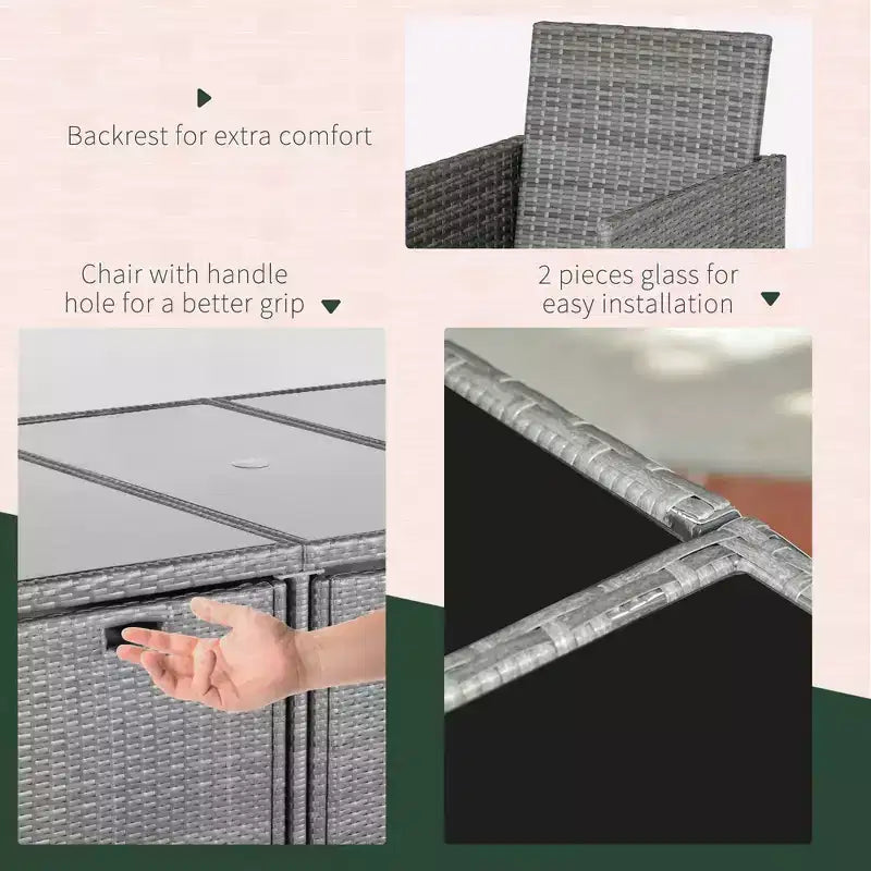 Ensemble de salle à manger extérieur 9 pièces pour 8 personnes, chaises en osier peu encombrantes et table carrée en verre avec coussins et poufs