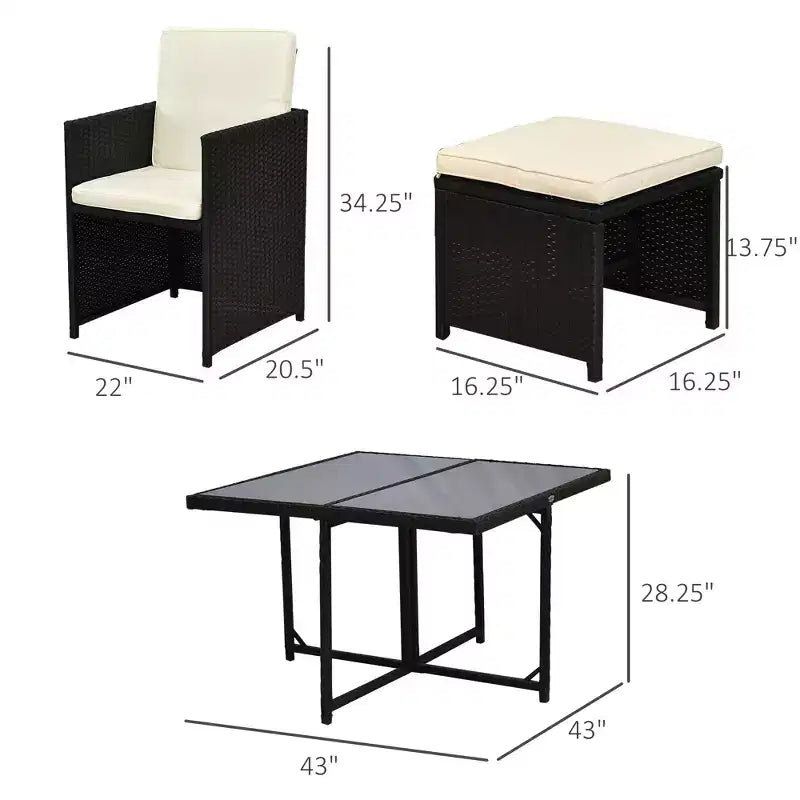 Ensemble de salle à manger extérieur 9 pièces pour 8 personnes, chaises en osier peu encombrantes et table carrée en verre avec coussins et poufs
