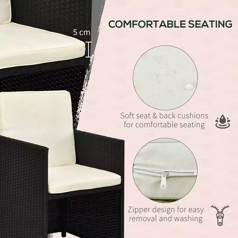 Ensemble de salle à manger extérieur 9 pièces pour 8 personnes, chaises en osier peu encombrantes et table carrée en verre avec coussins et poufs