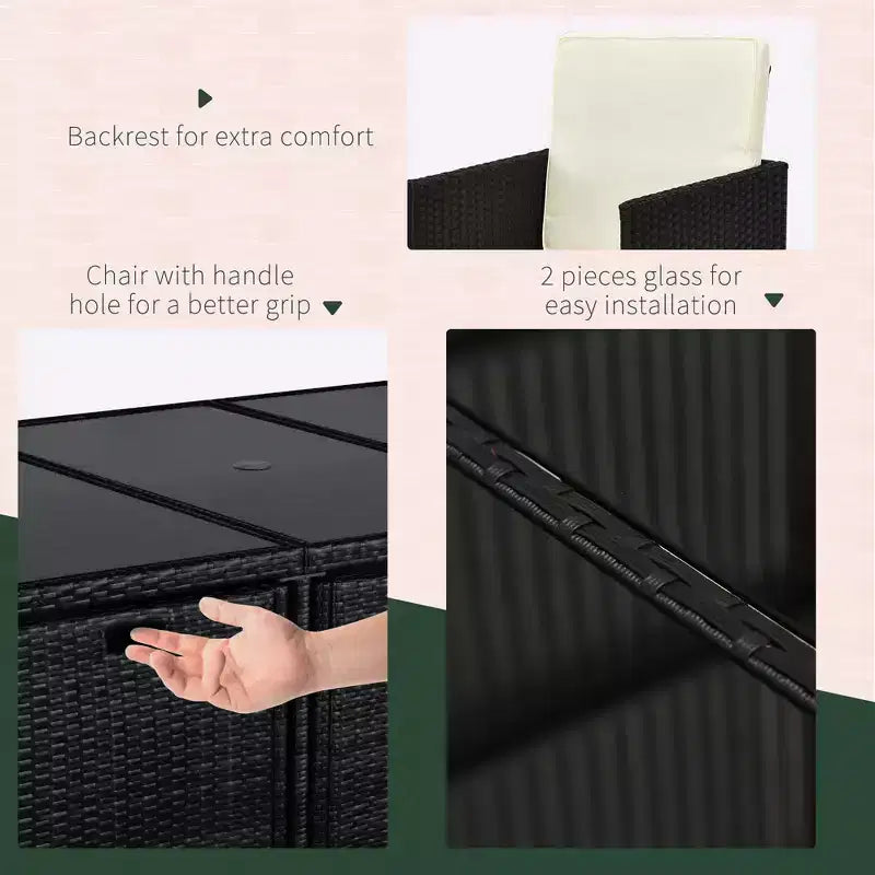 Ensemble de salle à manger extérieur 9 pièces pour 8 personnes, chaises en osier peu encombrantes et table carrée en verre avec coussins et poufs